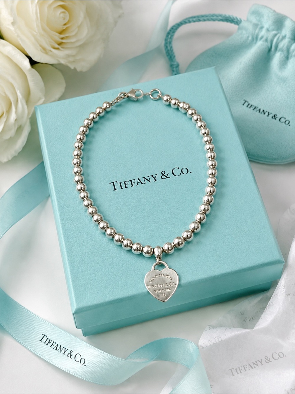 Tiffany & Co Return to Tiffany Mini Heart Tag 4mm Bead Bracelet Silver 7”